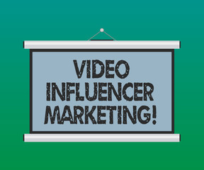 Handwriting text Video Influencer Marketing. Concept meaning Sponsored content by influencer to promote brand Blank Portable Wall Hanged Projection Screen for Conference Presentation