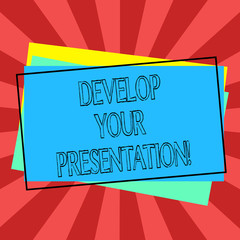 Text sign showing Develop Your Presentation. Conceptual photo improve the public speaking or giving a talk Pile of Blank Rectangular Outlined Different Color Construction Paper