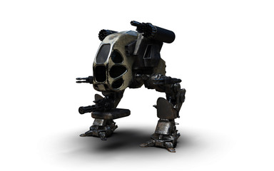 3D Illustration Of A Futuristic Rusted Armored Robotic Weaponized Mech War Vehicle Isolated On A White Background - obrazy, fototapety, plakaty