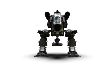 3D Illustration Of A Futuristic Rusted Armored Robotic Weaponized Mech War Vehicle Isolated On A White Background