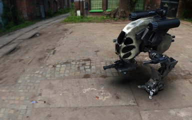 3D Illustration Of A Futuristic Rusted Armored Robotic Weaponized Mech War Vehicle