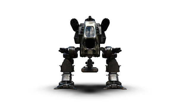 3D Illustration Of A Futuristic Rusted Armored Robotic Weaponized Mech War Vehicle Isolated On A White Background