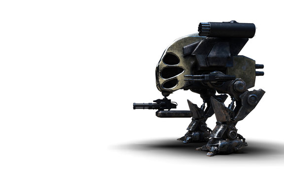 3D Illustration Of A Futuristic Rusted Armored Robotic Weaponized Mech War Vehicle Isolated On A White Background