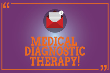 Conceptual hand writing showing Medical Diagnostic Therapy. Business photo text Determining demonstrating is  disease base on symptoms Open Envelope with Paper Email Message inside Quotation Mark
