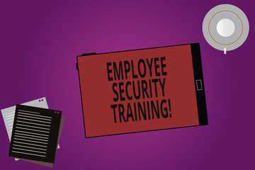 Text sign showing Employee Security Training. Conceptual photo Educating employees about computer security Tablet Empty Screen Cup Saucer and Filler Sheets on Blank Color Background