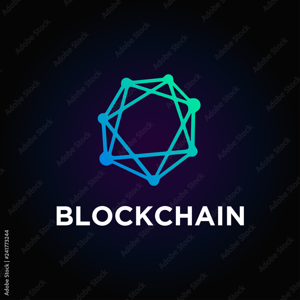 Poster Blockchain line icon logo concept on dark background. Cryptocurrency data sign design. Abstract geometric block chain technology business sign. Vector illustration