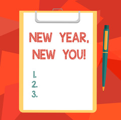 Word writing text New Year New You. Business concept for 365 days of opportunities to change your expectations Blank Sheet of Bond Paper on Clipboard with Click Ballpoint Pen Text Space