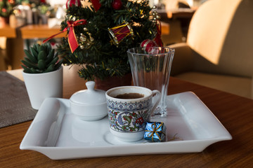 the woman tell fortune with coffee cup in the cafe for concept.