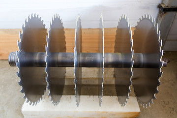 Circular saw blades for woodworking machine tool. Close-up view