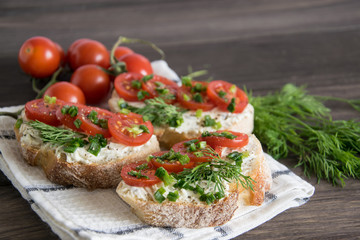 Fototapeta na wymiar Bruschetta with tomatoes and herbs on a wooden plate, Italian food appetizers