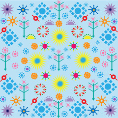 trees flowers patterns colored symbols ornament on blue background