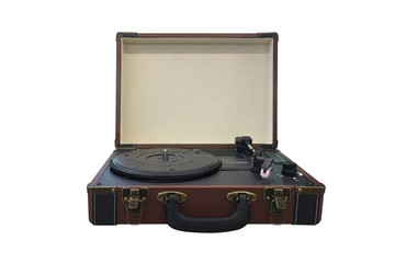 turntable vinyl record in a suitcase isolated on white background