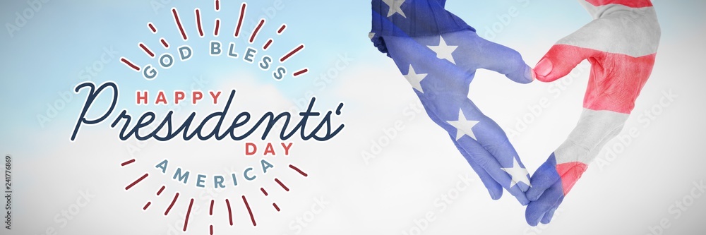 Poster composite image of usa flag painted on hands making heart shape