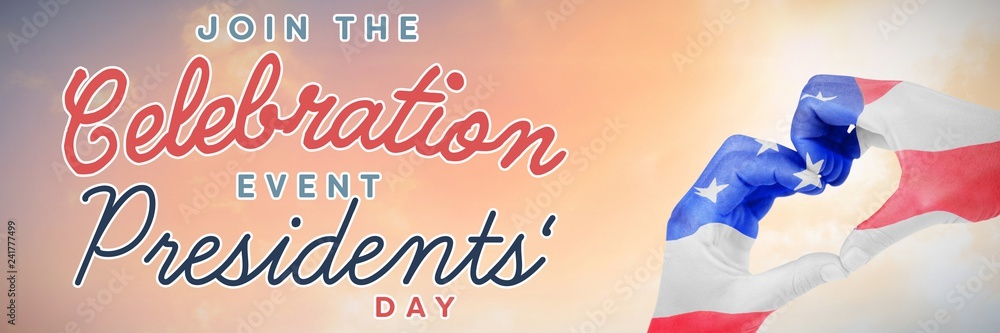Poster composite image of usa flag painted on hands making heart shape