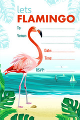 Flamingo and tropical leaf on sea background . Illustration for party invitation card 