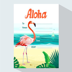 Flamingo and tropical leaf on sea background . Vector illustration for party invitation card 