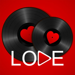Two Realistic Black Vinyl Records with red heart labels, word love and play button. Retro Sound Carrier on bright red background.