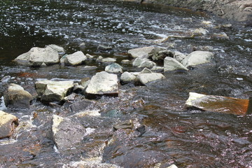 the river flows through a rocky pass, the water of a stream
