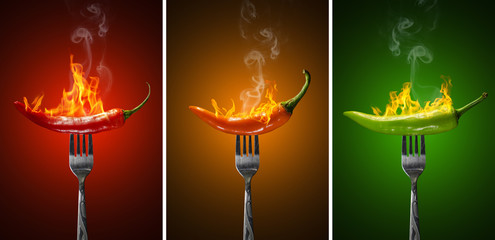 Set of Red Yellow Green Hot Chili Pepper Isolated