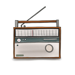 Digital hand drawn illustration with cute radio with shadow isolated on white