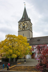 ZURICH, SWITZERLAND - OCT 130th, 2018: Classic beautiful and colorful swiss cityscape or landscape at rainy autumn day - 241781244
