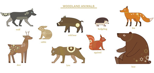 Obraz premium Vector bright illustration of cute forest animals. Decorative vector elements on the white isolated background.