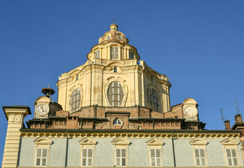 Fototapeta na wymiar View of the dome of the Royal Church of Saint Lawrence (Real Chiesa di San Lorenzo), a Baroque-style church in Turin, adjacent to the Royal Palace, designed by Guarino Guarini in 1668-1687