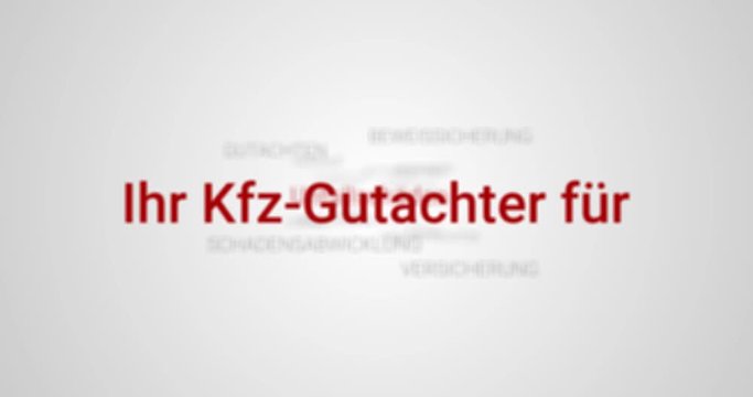 Intro welches die Leistungen eines Kfz-Gutachters zeigt. Grauer Hintergrund, rote Schrift