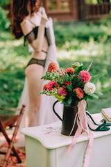 flowers table outside background girl lingerie dress