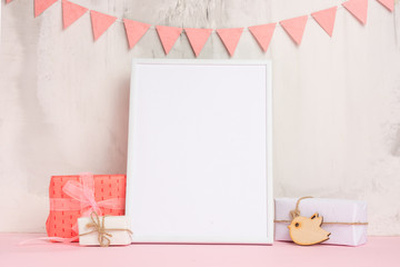 Children's toys, with a white frame The frame on a light background of the wall with children's...