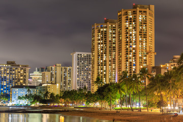 Honolulu skyline with Waikiki beach, hotels building at sunset, Hawaii