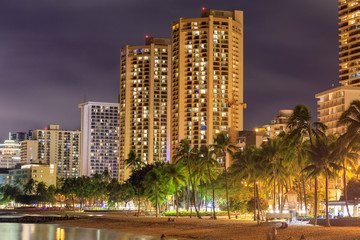 Honolulu skyline with Waikiki beach, hotels building at sunset, Hawaii