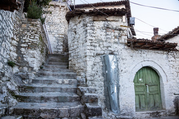 Gorica bridge on river Osum and traditional ottoman houses in Berat  (mangalem and gorica district) with his thousand windows  An UNESCO world heritage site in Albania.