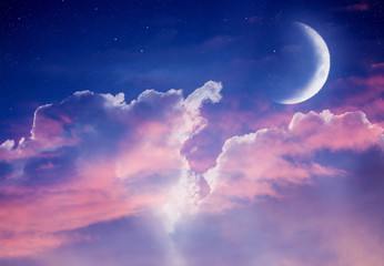 Ramadan dusk picture. Beautiful religious background with crescent, stars and glowing clouds. - obrazy, fototapety, plakaty
