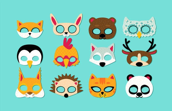 Collection of wild animals photo booth props for kids. Cute cartoon masks  and elements for a party. Stock Vector | Adobe Stock