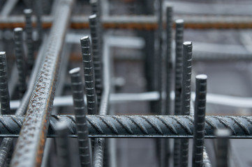 Brand new armature. Laid reinforcement. Preparation for pouring concrete. Close-up. 