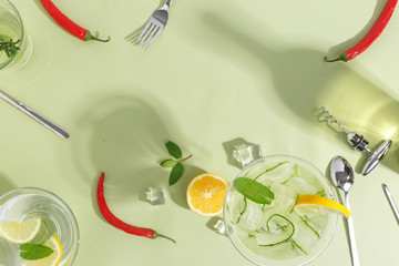 Glass goblet with cucumber water, a bottle and fruit on a light green background. Minimalistic creative concept. Copy space.