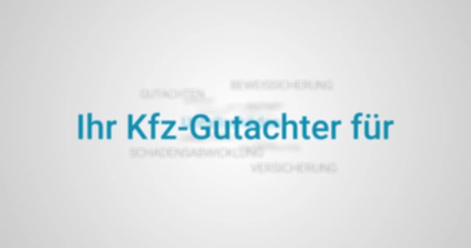 Intro welches die Leistungen eines Kfz-Gutachters zeigt. Grauer Hintergrund, blaue Schrift