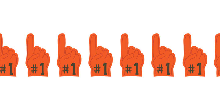 Foam finger with number one text seamless vector border.Supporting a sport team symbol. For sport events, football, soccer, baseball, Super Bowl, tailgate party, invitation, flyer