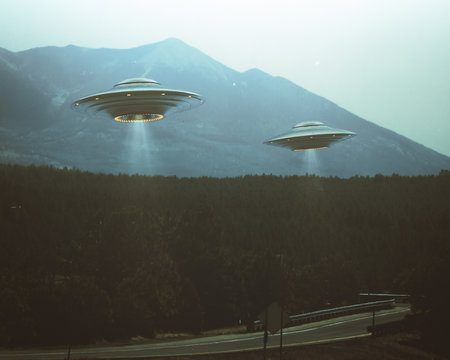 Unidentified flying object. Two UFOs flying over a road among the trees. 3D illustration retro photo vintage. Noise and defects of old photo film.