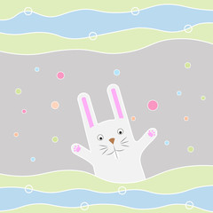 greeting card with funny cartoon rabbit waving his paws.