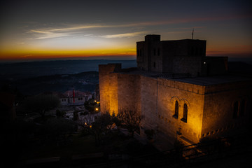 Fototapeta premium Kruje, Albania - January 1 2018: The Skanderbeg Museum in Kruja, Albania. The building of George Castriot ( Skanderbeg ) - national albanian hero. Kruje Castle and fortres