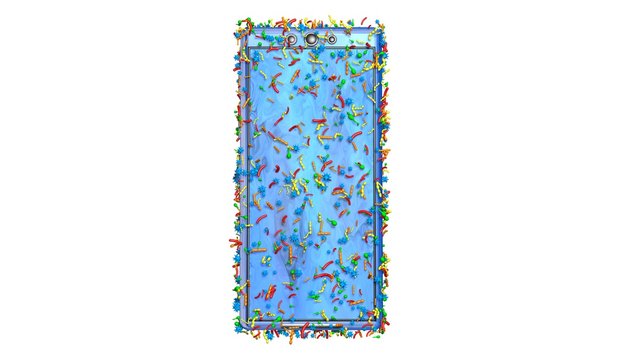 Smartphone covered with germs, bacteria, viruses, microbes. 3d rendering. High bacterial population. White background 