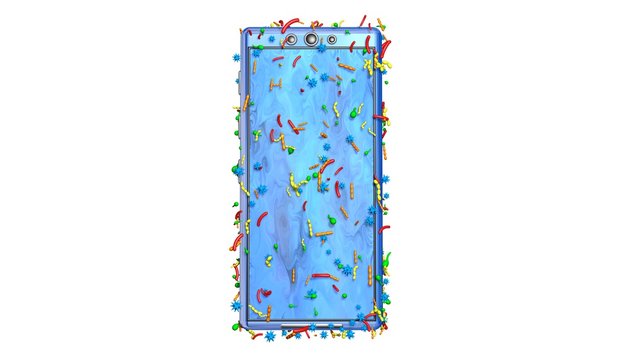 Smartphone covered with germs, bacteria, viruses, microbes. 3d rendering. Low bacterial population. White background 