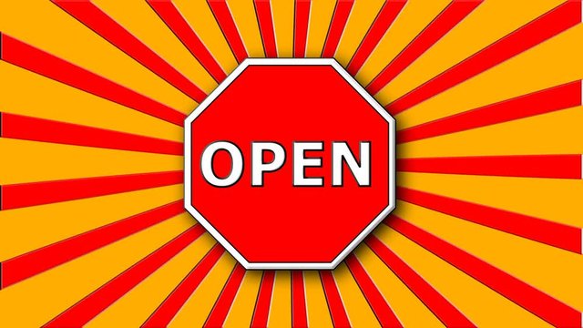 Opne sign on red and cartoon rays, decoration for creative, 3d rendering background