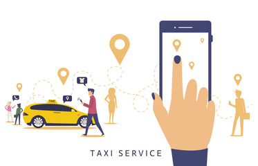 Taxi online vector illustration advertising poster of isometric car. Taxi service design of yellow car