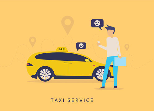 Taxi online vector illustration advertising poster of isometric car. Taxi service design of yellow car