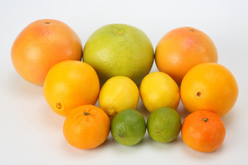 different citrus fruits on white background