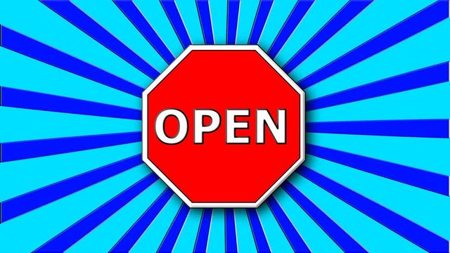 Opne sign on red and cartoon rays, decoration for creative, 3d rendering background