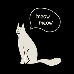 Vector concept  with cute cat, white on black background, great for printing or textile design.Flat,hand drawn